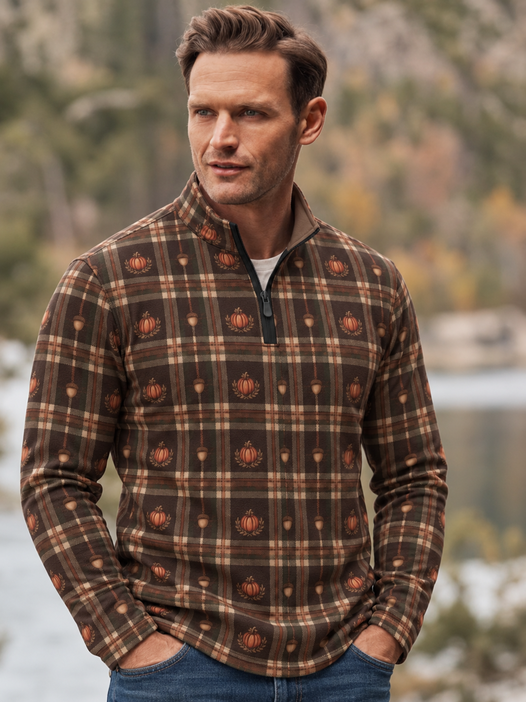 Thanksgiving Pumpkin Acorn Plaid Performance Golf Quarter-Zip Pullover