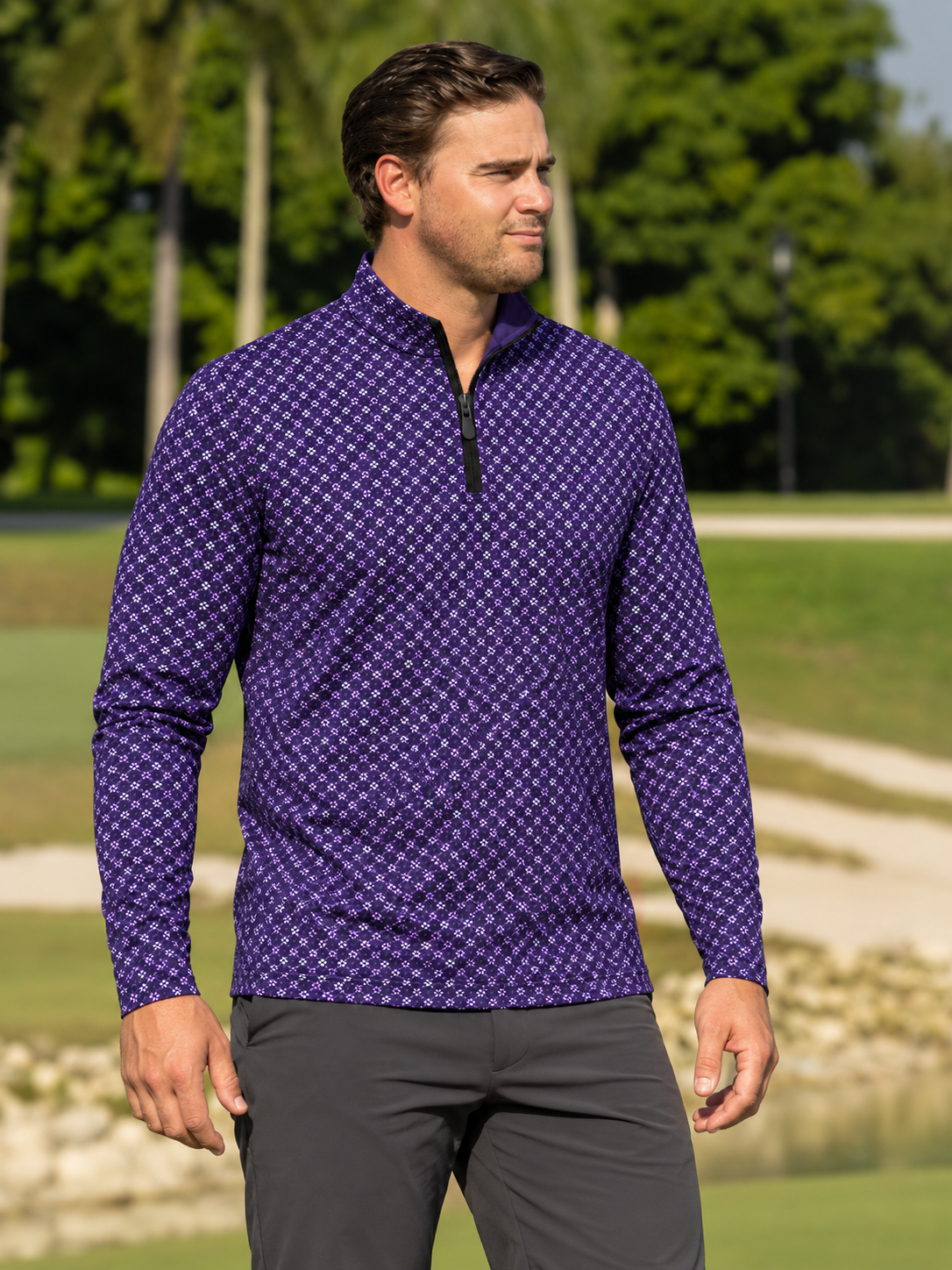 Deep Purple Mini-Floral Performance Golf Quarter-Zip Pullover