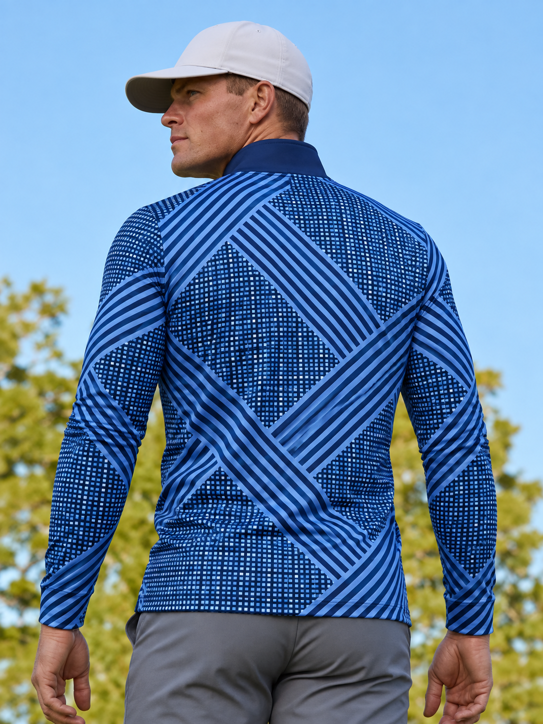 Navy Blue Grid and Diagonal-Stripe Performance Golf Quarter-Zip Pullover