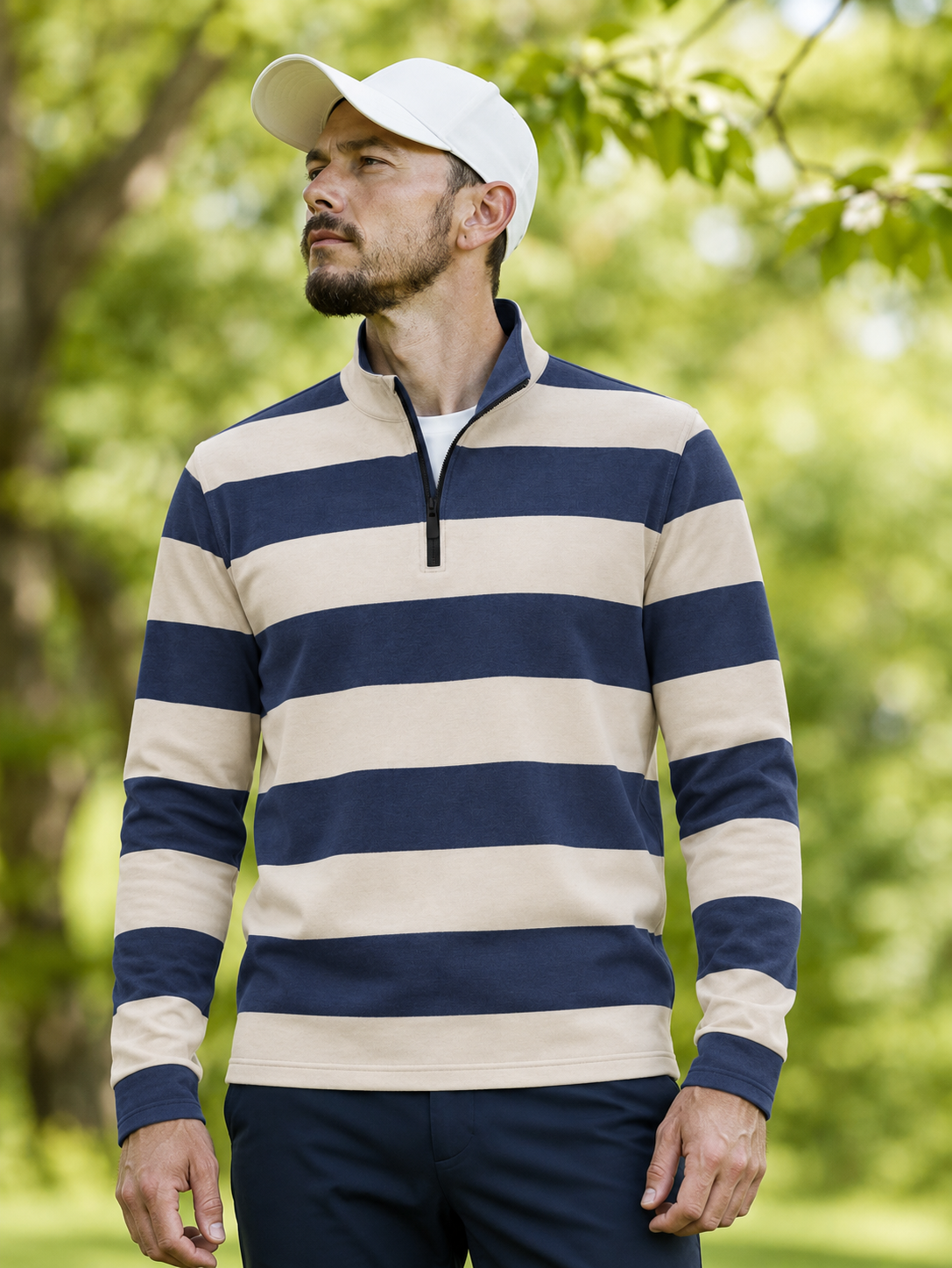 Navy Ivory Rugby-Stripe Performance Golf Quarter-Zip Pullover