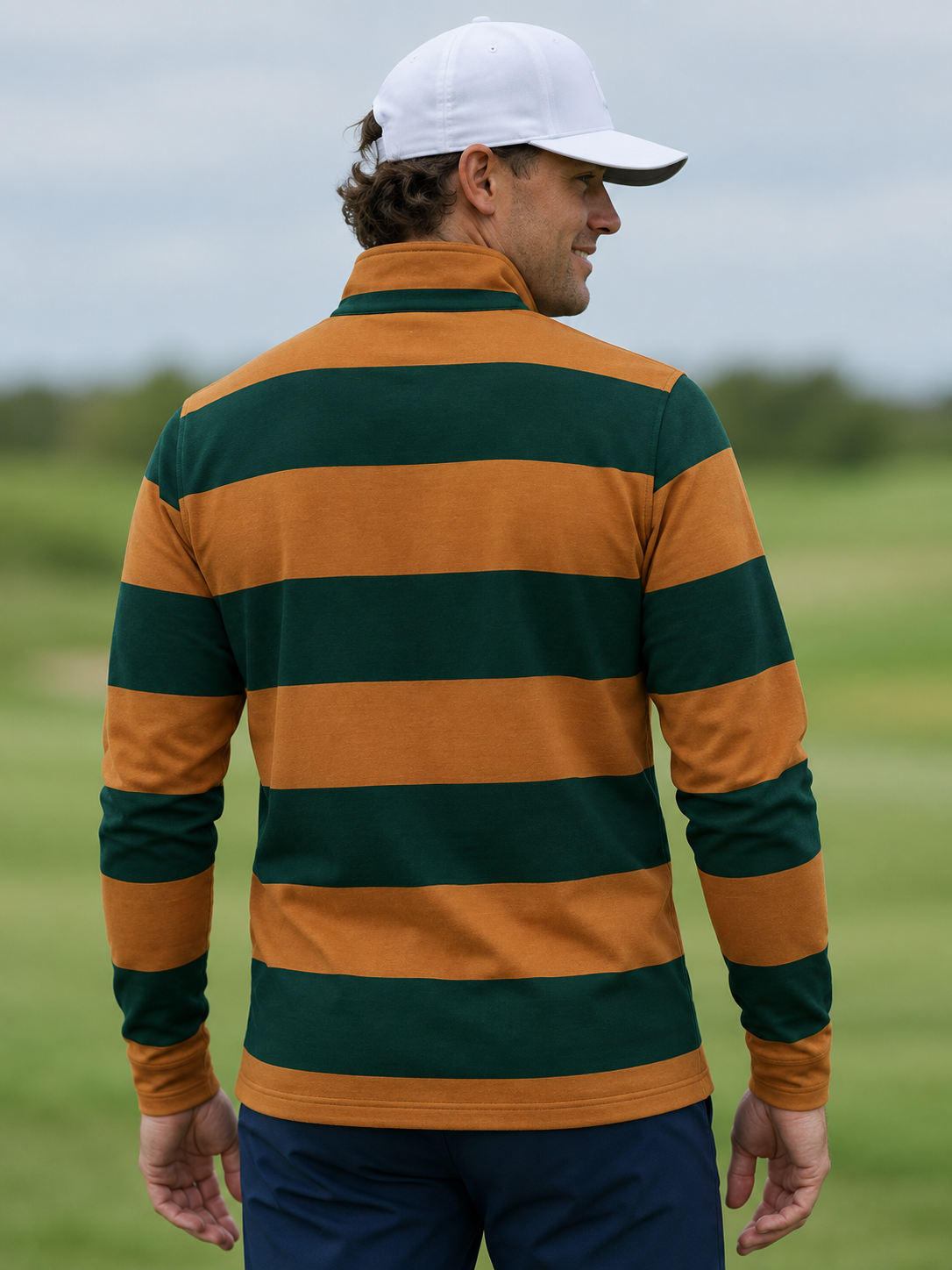 Pine Green and Mustard Rugby-Stripe Performance Golf Quarter-Zip Pullover
