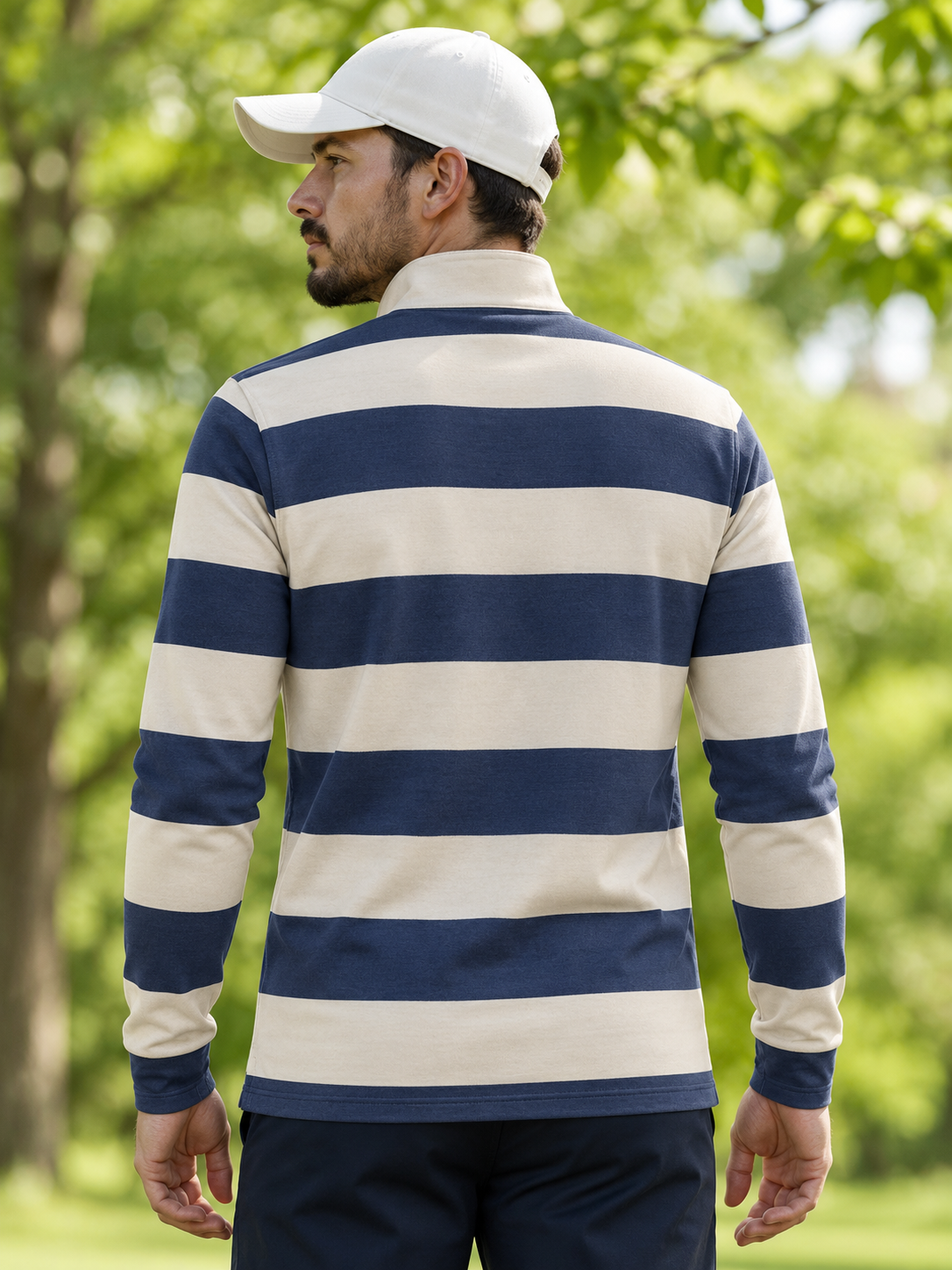 Navy Ivory Rugby-Stripe Performance Golf Quarter-Zip Pullover