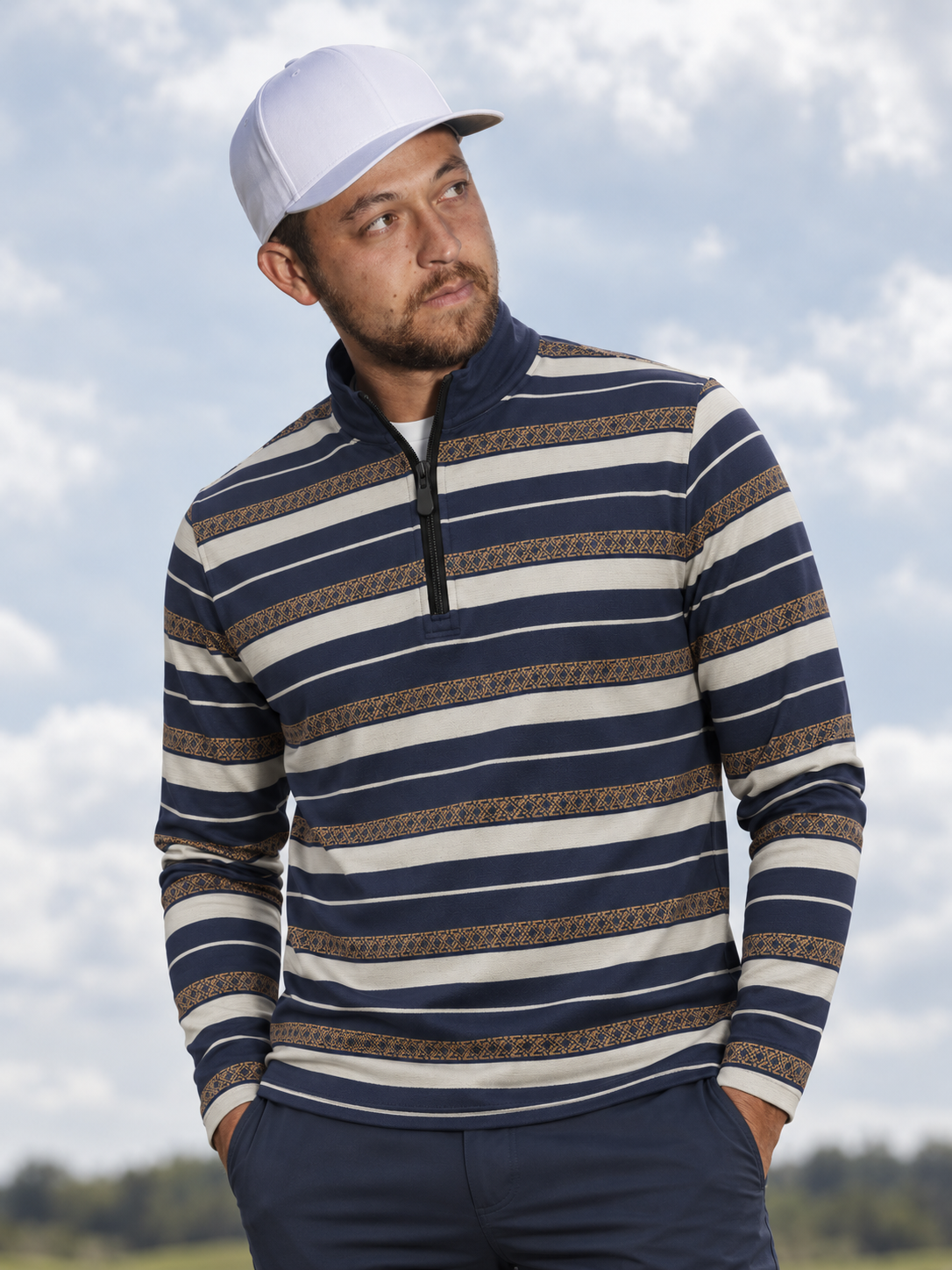 Navy Ivory and Gold Banded-Print Performance Golf Quarter-Zip Pullover