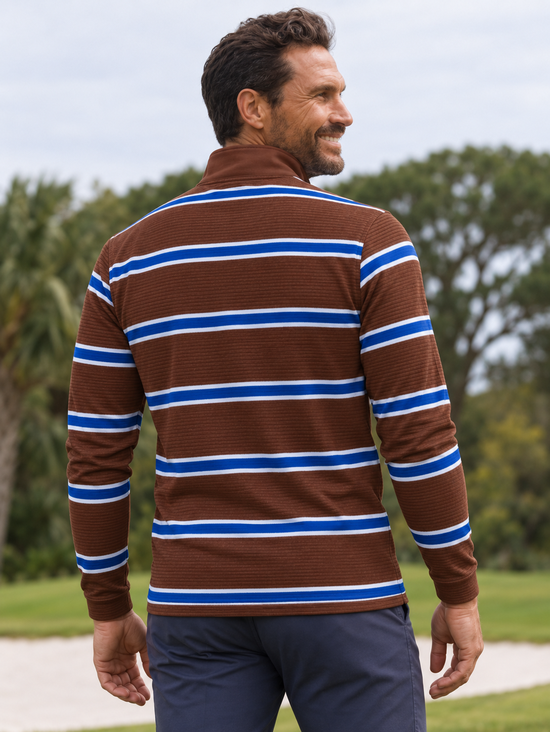 Chocolate Brown Cobalt and White Stripe Performance Golf Quarter-Zip Pullover