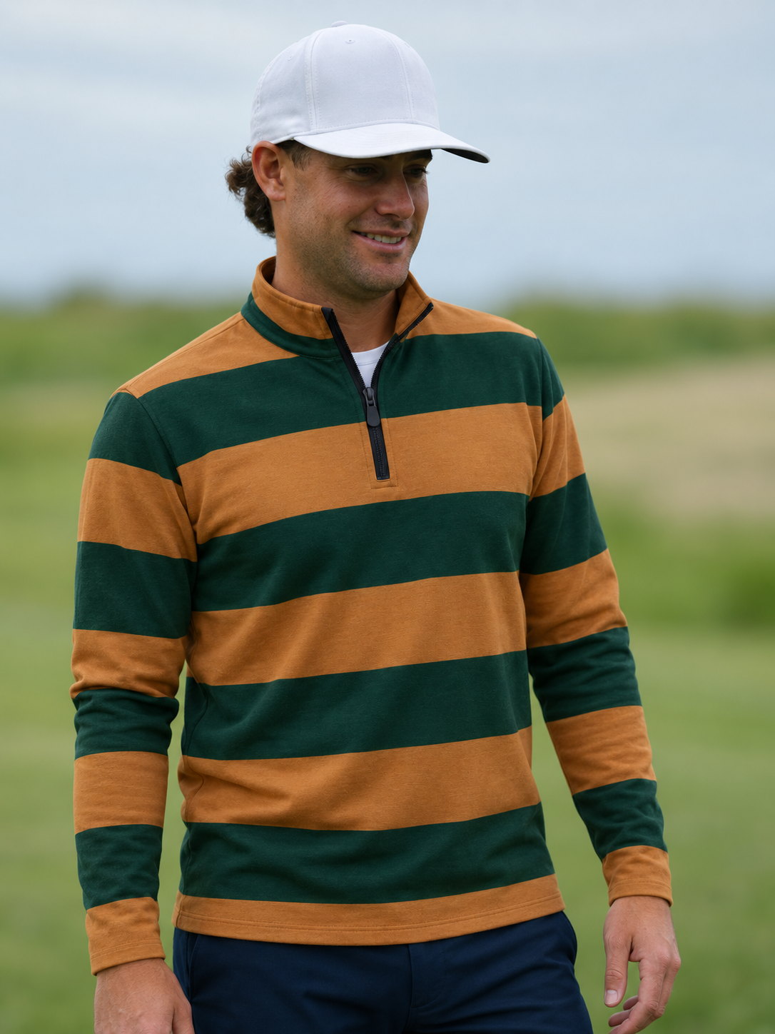 Pine Green and Mustard Rugby-Stripe Performance Golf Quarter-Zip Pullover
