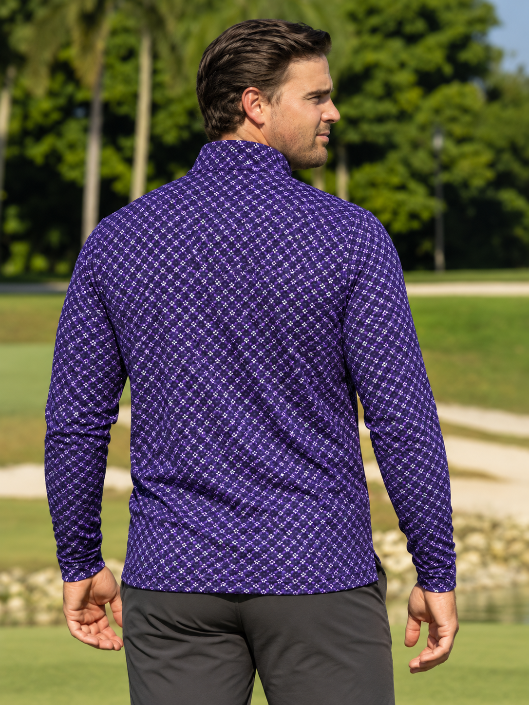Deep Purple Mini-Floral Performance Golf Quarter-Zip Pullover