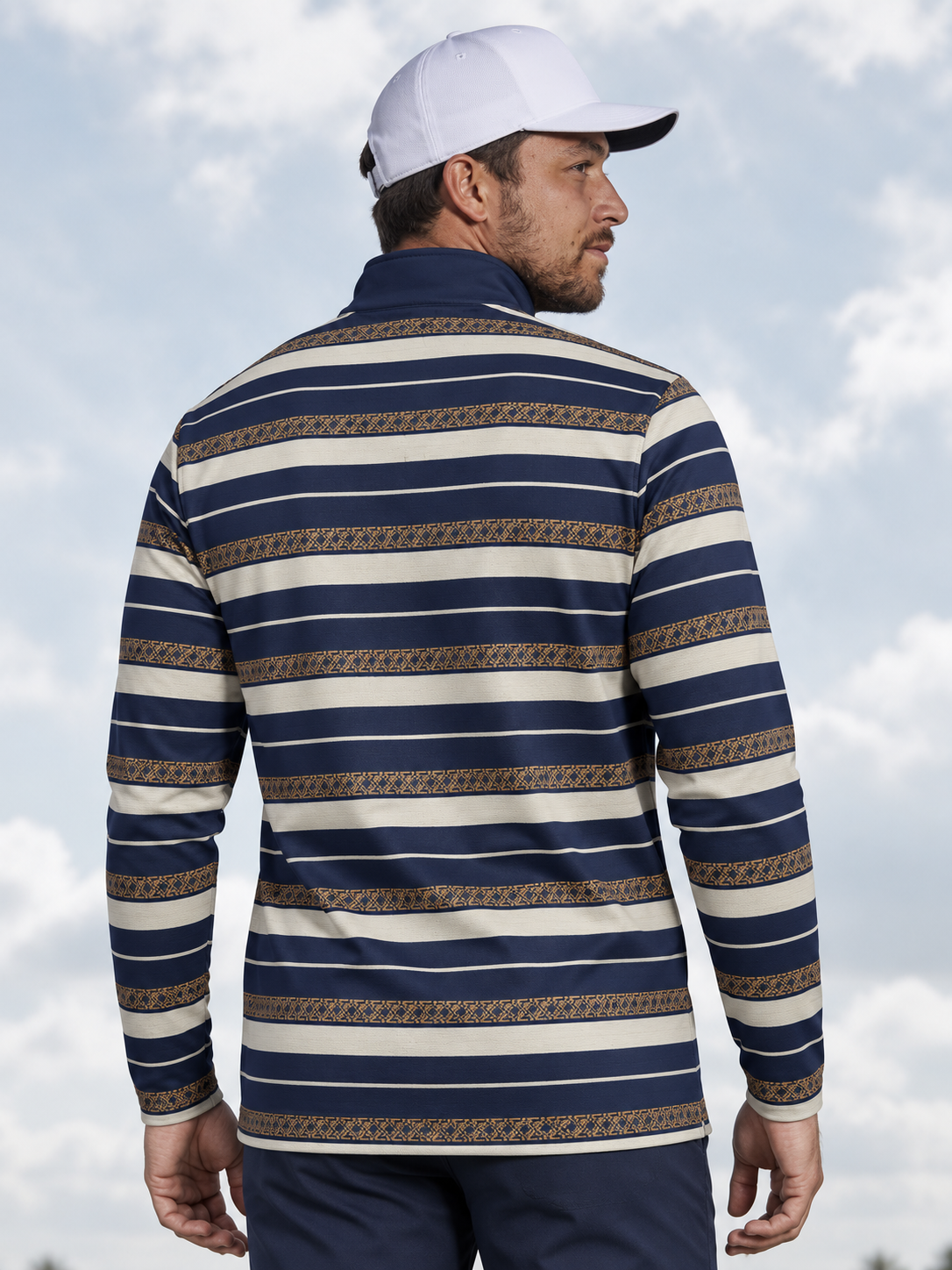 Navy Ivory and Gold Banded-Print Performance Golf Quarter-Zip Pullover