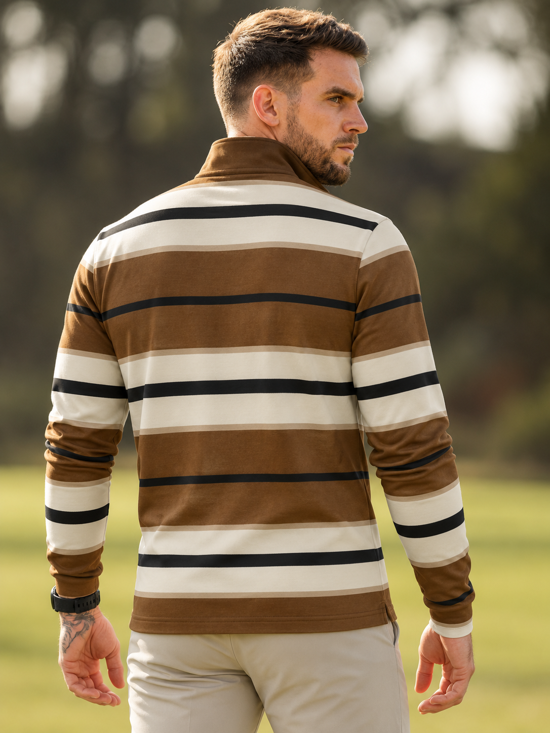 Espresso Ivory and Black Wide-Stripe Performance Golf Quarter-Zip Pullover