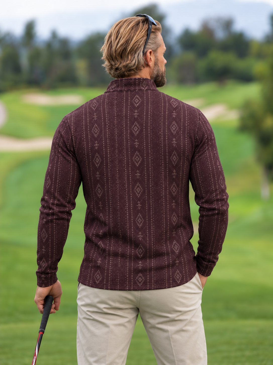 Deep Plum Heritage Pattern Quarter-Zip Pullover