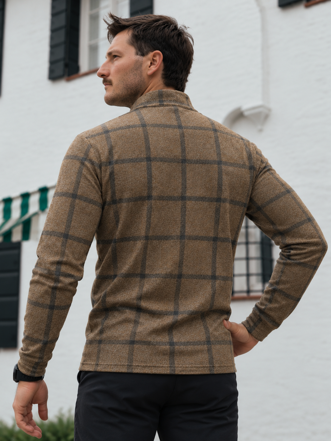 Camel Brown Windowpane Plaid Print Performance Golf Quarter-Zip Pullover