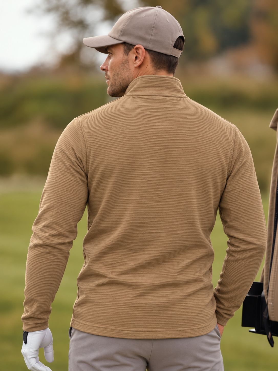 Sand Beige Horizontal Ribbed Texture Print Performance Golf Quarter-Zip Pullover