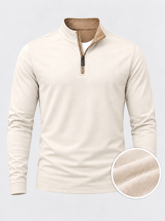 Cream Beige Textured Performance Golf Quarter-Zip Pullover