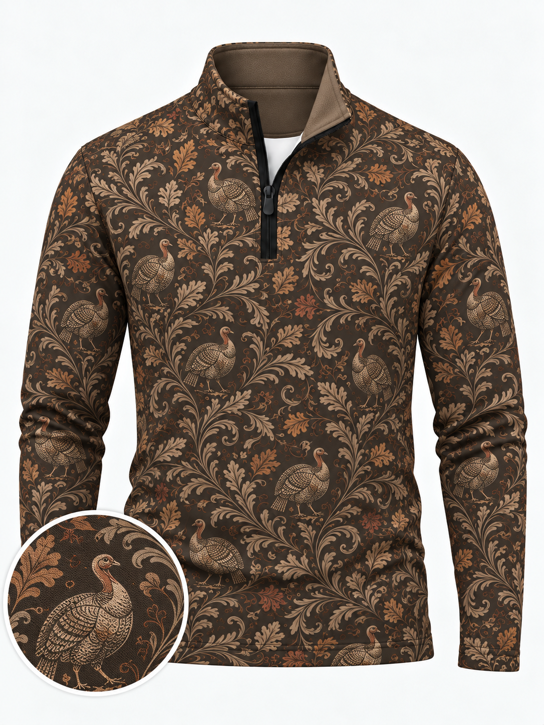 Dark Brown Vintage Turkey Print Performance Golf Quarter-Zip Pullover