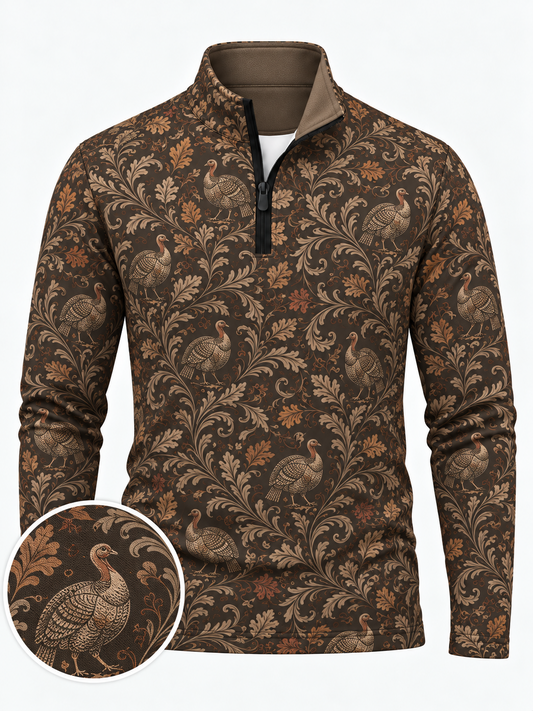 Dark Brown Vintage Turkey Print Performance Golf Quarter-Zip Pullover