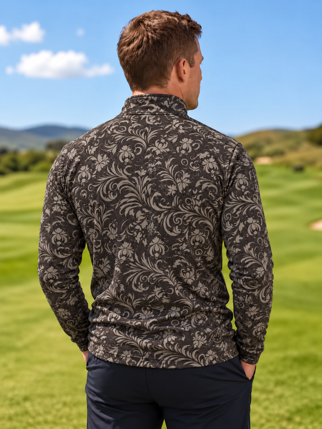 Dark Brown Vintage Floral Print Performance Golf Quarter-Zip Pullover